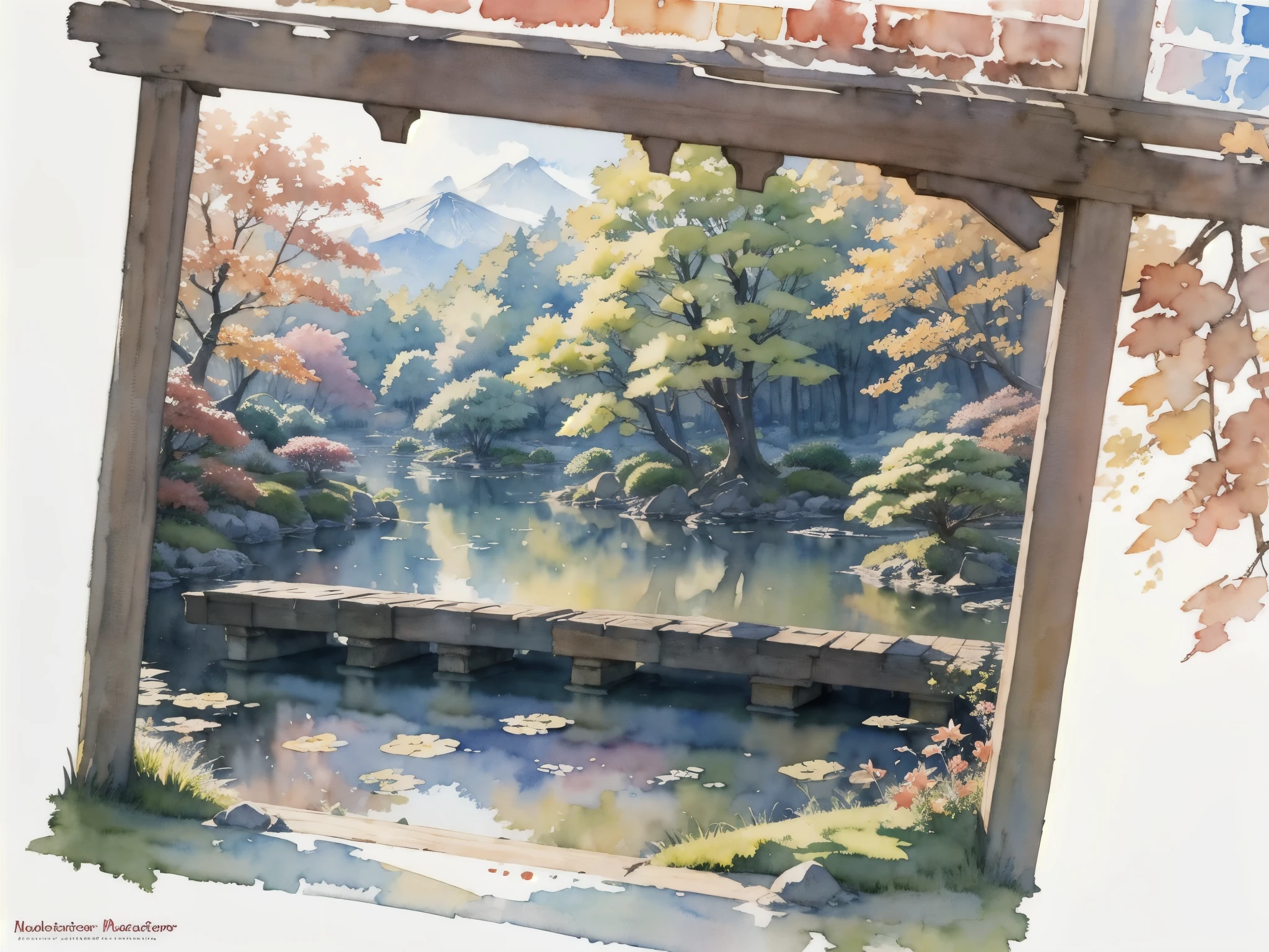 (masterpiece),(Highest quality:1.2),(Very detailed:1.2),(High resolution),(((watercolor))),8K,wallpaper,Japanese garden,autumn