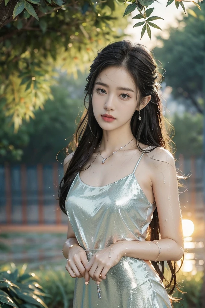 (((best quality))),(((ultra detailed))),(((masterpiece))),illustration,1 beautiful girl,solo,slim,thin,flat chest,shoulder length straight bob hair,flowing hair,fair skin,(shiny skin:1.3),sparkling eyes,blue dress,delicate silver necklace,grass,dewdropletts,trees,bird chirping,(shimmering shadows:1.3),serenity,gratitude,awe,wonders of nature,peace,contentment,magnificent world,summer,(sunrise:1.5),(pitch-dark dawn:1.5),(night scene:1.3),upper body,from front,(after rain:1.3),(wet:1.3),standing,dark clouds,confident gaze,elegant posture,mysterious atmosphere,solemn mood,beam of light,deep blue sky,dawn approaching,detailed decorations