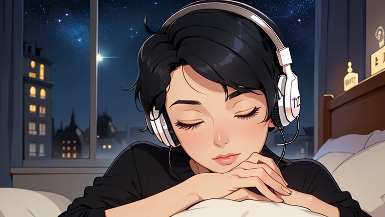 Beautiful woman in her 30s with short black hair is sitting with headphones in a stylish bedroom with a beautiful starry sky. Looking down, eyes closed, LOFI girl, relaxing mood, cozy, only five fingers, Paris city, colorful, Well-proportioned face, female Beautiful fingers, summer, Long legs