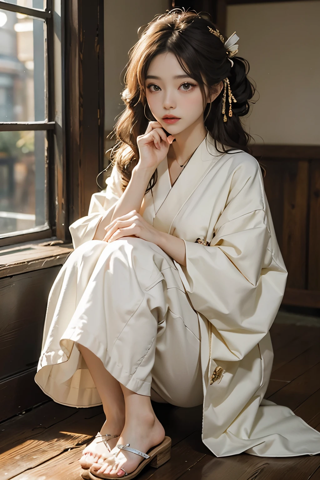 meticulous portrayal of face，1 noblewoman，(Hairpins)，(Camellia kimono)，(Long flowing colored hair)，Simple and elegant Japanese clothing，Collar, the perfect face,Perfect Finger, perfect  eyes，Extremely normal body，Ancient Japanese town background，Perfect background,Beautiful looks,Clear Eyes,Leanness,Bare feet and wooden clogs,The intelligent sparkle in his eyes,