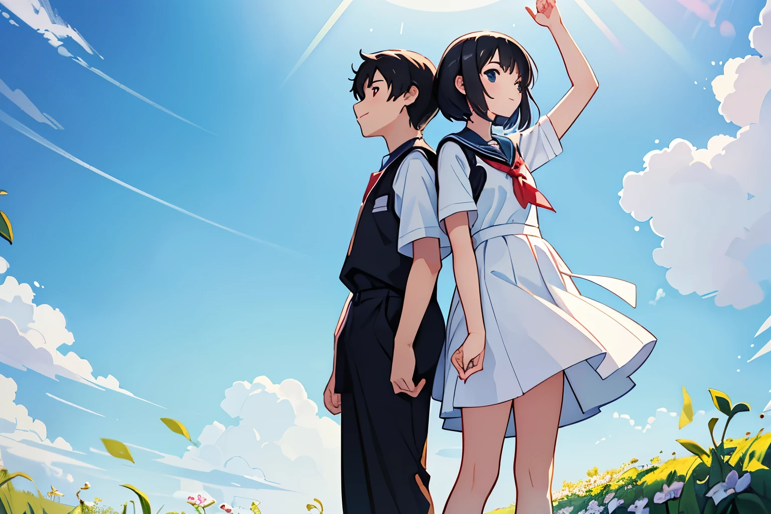 masterpiece, There are two people, Boy and Girl, ((Looking up to the sky)), Summer uniform, , black hair, There is a little distance between the two, ((white background)), Two people stand side by side, smile, school, 