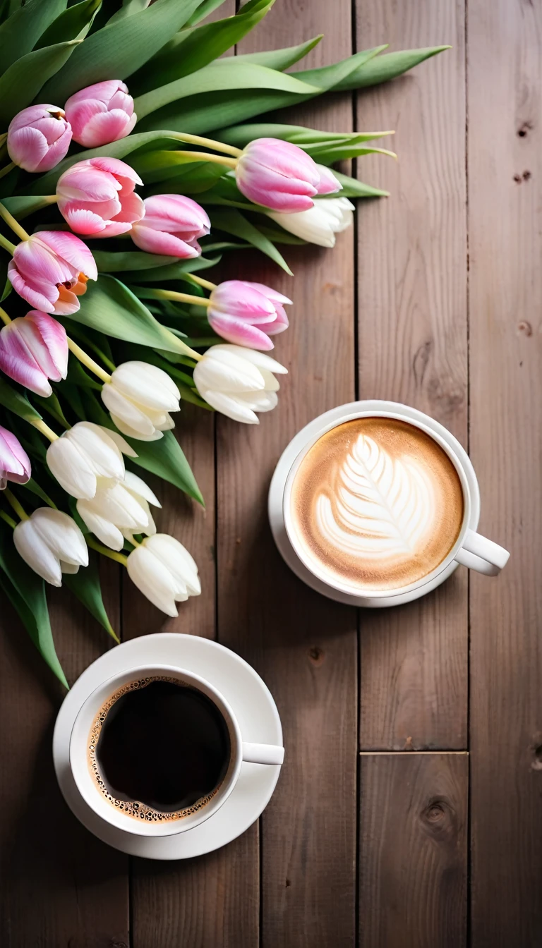 Top-down view。White and pink tulips lying flat on wooden table，Beautifully，Soft light and shadow，beautiful and bright，In the fresh and bright morning，Next to it is a dark black defogged coffee cup.Clearly see the beautiful latte art。Bokeh background adds romantic atmosphere，There are no characters in the whole scene，Seems extremely peaceful and comfortable，With window background，Fresh and bright bokeh background。