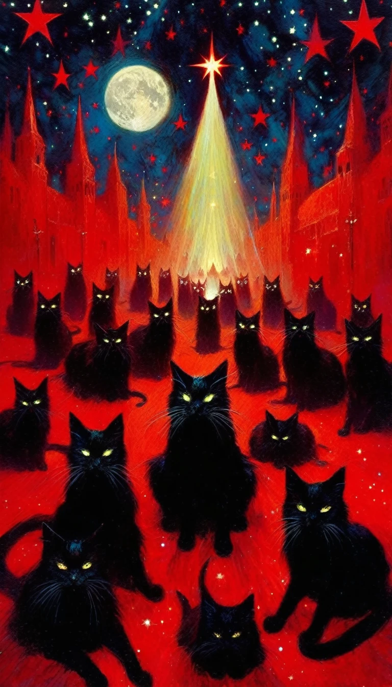 the satanist cat conclave, red star, magic, fantastic, night sky, moon, blood, stars, background, (art inspired in Bill Sienkiewicz). oil painting) 