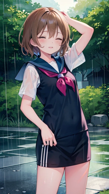 Highest quality, masterpiece, Ultra-high resolution, 8K, Show anime style , One, Soft line drawing, Digital Enhancement, shojo anime touch, shojo manga core, Flowing fabric, close, Soft Drawing, Ultra High Definition Digital Anime Art, Clear facial depiction, Highly detailed girl manga character art, Ultra-detailed manga style, Highest qualityの色, (Short brown hair)), Staring at us from the front, Beautiful brown hair, Clear brown eyes, A little chubby,Small breasts,Small Ass,(((Lift your head and close your eyes))) ,Summer sailor uniform,School zone,(((The rainy season is falling))),Get soaked in the rain,Open your arms to catch the rain,Wet Rat