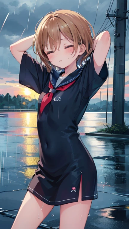 Highest quality, masterpiece, Ultra-high resolution, 8K, Show anime style , One, Soft line drawing, Digital Enhancement, shojo anime touch, shojo manga core, Flowing fabric, close, Soft Drawing, Ultra High Definition Digital Anime Art, Clear facial depiction, Highly detailed girl manga character art, Ultra-detailed manga style, Highest qualityの色, (Short brown hair)), Staring at us from the front, Beautiful brown hair, Clear brown eyes, A little chubby,Small breasts,Small Ass,(((Lift your head and close your eyes))) ,Sailor suit,School zone,(((The rainy season is falling))),Get soaked in the rain,Open your arms to catch the rain,Wet Rat