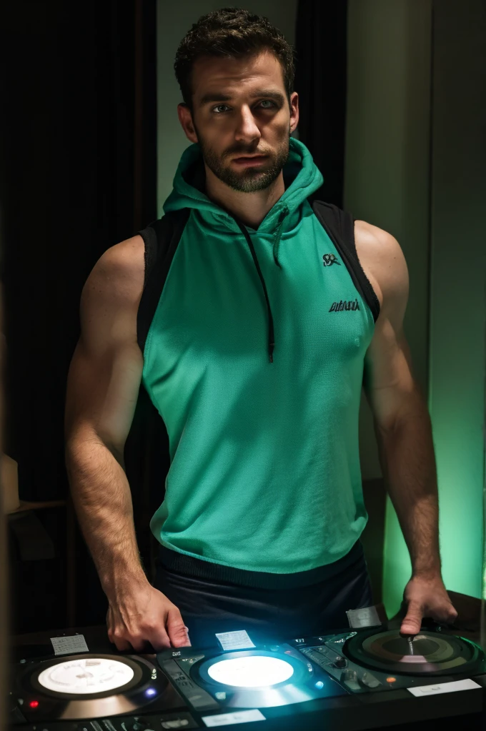 A man, sleeveless blue shirt with black details, hooded, bright green eyes, stubble, DJ, hyper-realistic, ultra-detailed, 8K, high-quality, masterpiece, dramatic lighting, cinematic, vivid colors, photorealistic, chiaroscuro, sharp focus, physically-based rendering