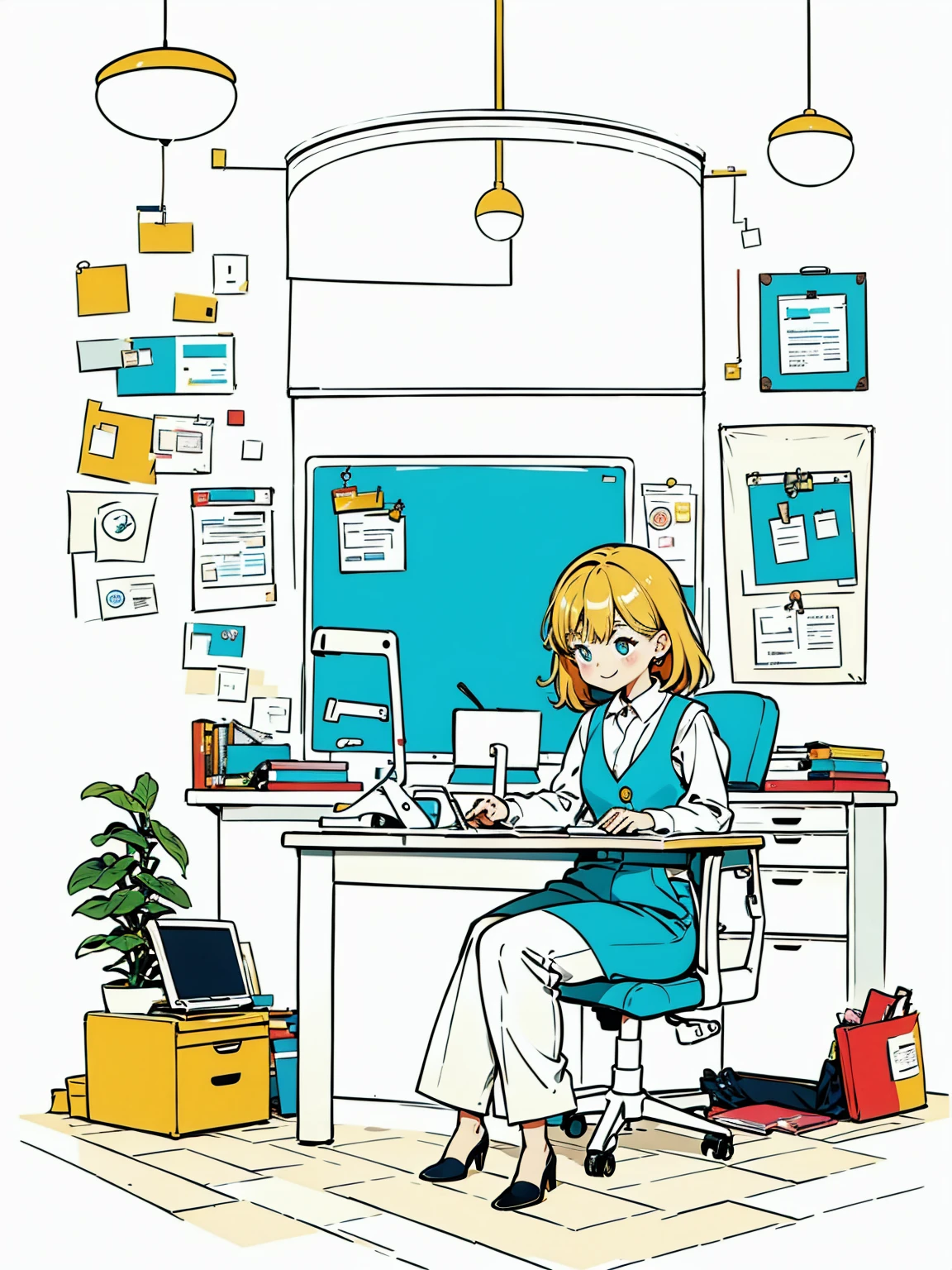 One girl in a white shirt and blue vest,pants,Sitting,Working in the office,Long Hair,smile,Simple Background