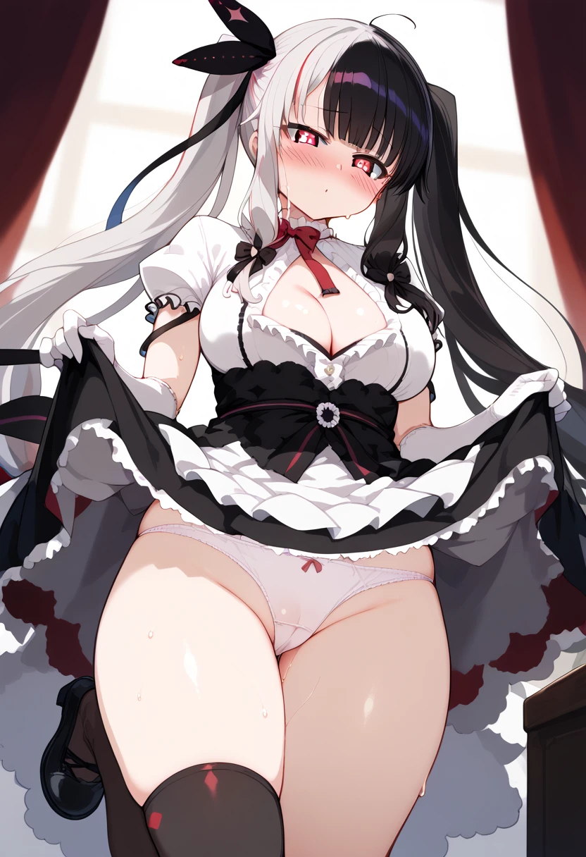 score_9, score_8_up, score_7_up, BREAK source_anime, rating_explicit, best quality, masterpiece, uncensored,1girl,rena, twintails, very long hair,shiny skin,((sweat)),blush,(steam),big breasts,white gloves, puffy short sleeves, cleavage cutout, two-tone dress, asymmetrical legwear, mismatched legwear, thighhighs, black footwear,null_(nyanpyoun),panties,skirt lift