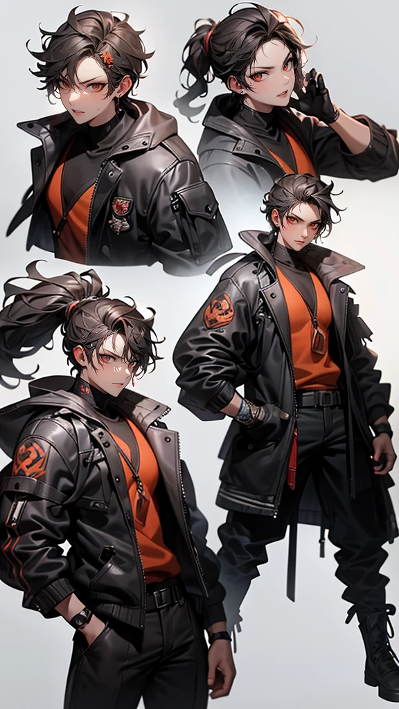 Mafia, male, 45 years old, exuding a dangerous aura, white skin, well-proportioned figure, handsome face, white skin, strong physique, red eyes, brown hair, prominent eyebrows, intricate and detailed retro gun tattoos on both arms, black jacket, pants and gloves, and a stern face. A cigar is biting on his mouth, anime
