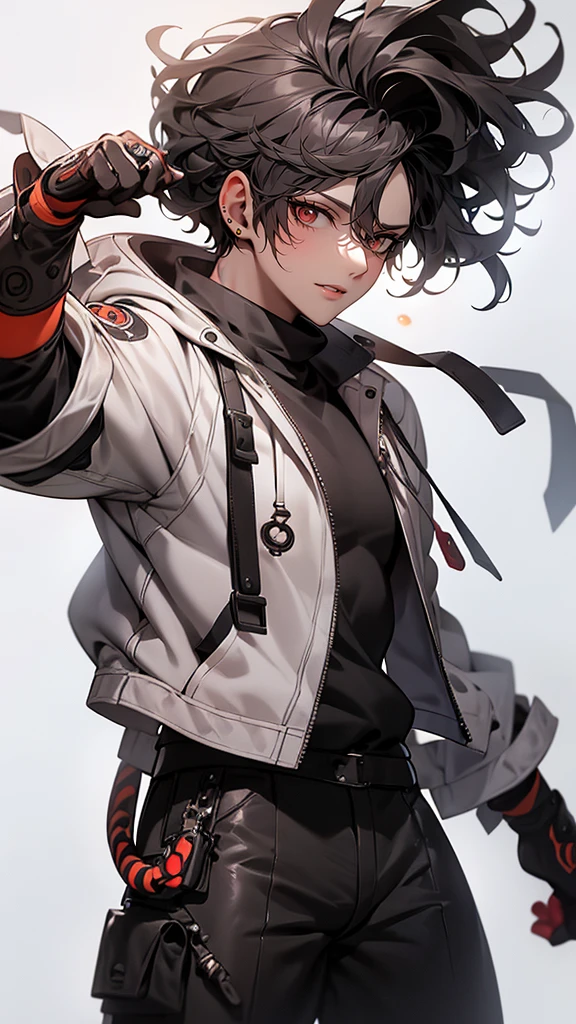 Mafia, male, 45 years old, exuding a dangerous aura, white skin, well-proportioned figure, handsome face, white skin, strong physique, red eyes, brown hair, prominent eyebrows, intricate and detailed retro gun tattoos on both arms, black jacket, pants and gloves, and a stern face. A cigar is biting on his mouth, anime