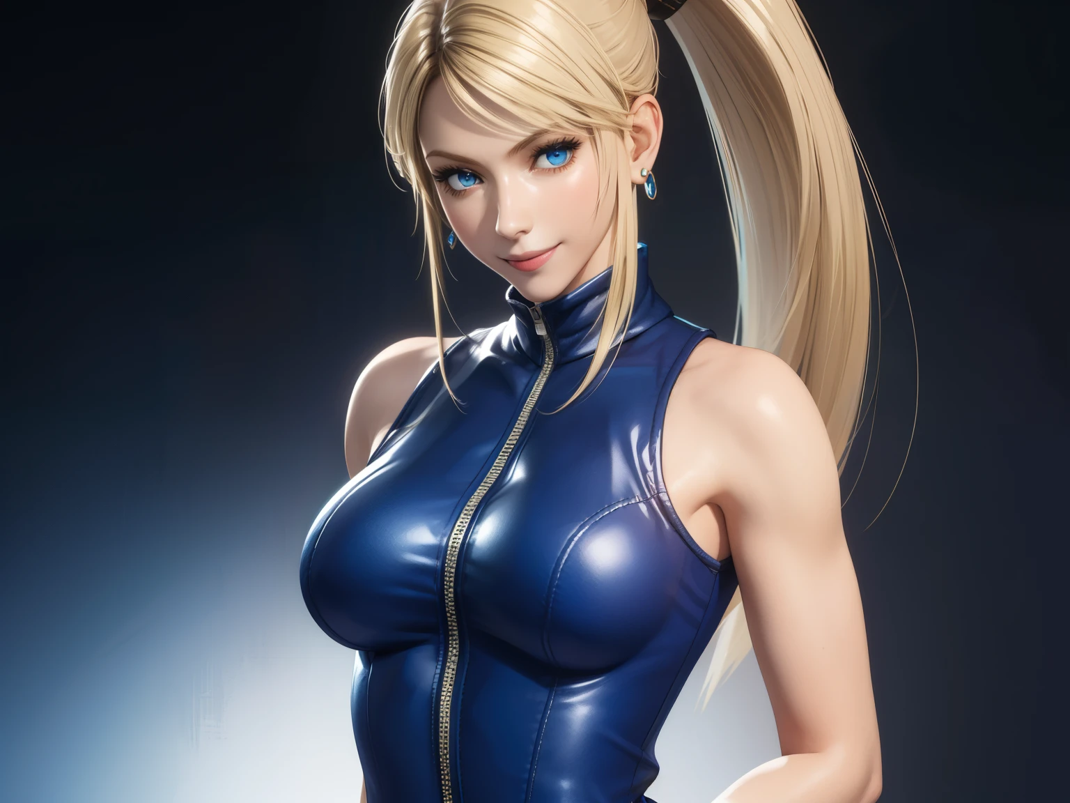 Sarah, blue eyes, very long hair, (shiny skin:1.2), (skinny girl:1.5), blonde hair, high ponytail, floating hair, bodysuit, Shoulders exposed, (arms exposed:1.3), (medium breasts:1.3), (pushed up breasts:0.4), (curvy figure:0.7), (hands behind back:1.4), (tight blue bodysuit:1.1), belt ,(sleeveless:1.6), zipper, boots, high heels, earrings, (short fingerless gloves:1.4), BREAK masterpiece, 1 girl, RAW photo, (best quality:1.2), extremely delicate beautiful, very detailed, 2k wallpaper, amazing, fine details, extremely detailed CG Unity 8k wallpaper, super detailed, high resolution, (beautiful detailed girl:1.2), perfect anatomy, (shiny clothes:0.6), (big smile expression:1.2), (upper body:1.4), (Realistic, Photorealistic:1.0), (thin nose:1.2), (breast focus:1.3), high nose bridge, (blue clothes:1.2)
