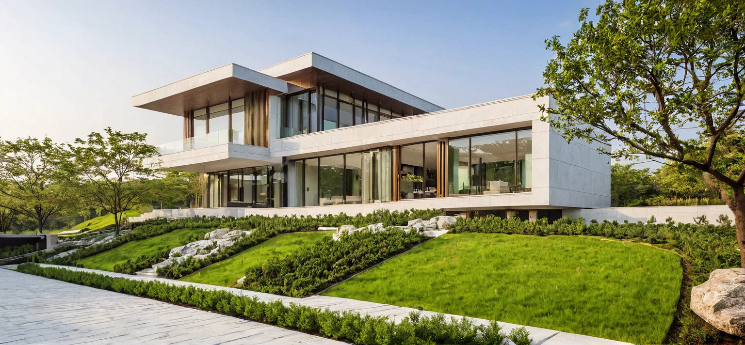 qlcd,tingyuan, photo of modern villa, grassland, garden, shrubs and trees, rock decoration, clear sky, sun light, realistic photo