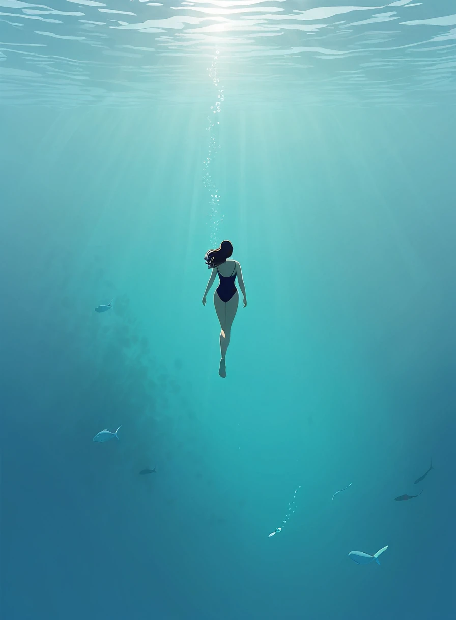 Minimalist Journey, diving, Solitary, 1 girl swimming gracefully with beautiful curves, Minimalism, Under the Sea, illustration.