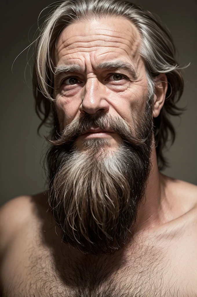 English gentleman over 65 with beard no shirt 