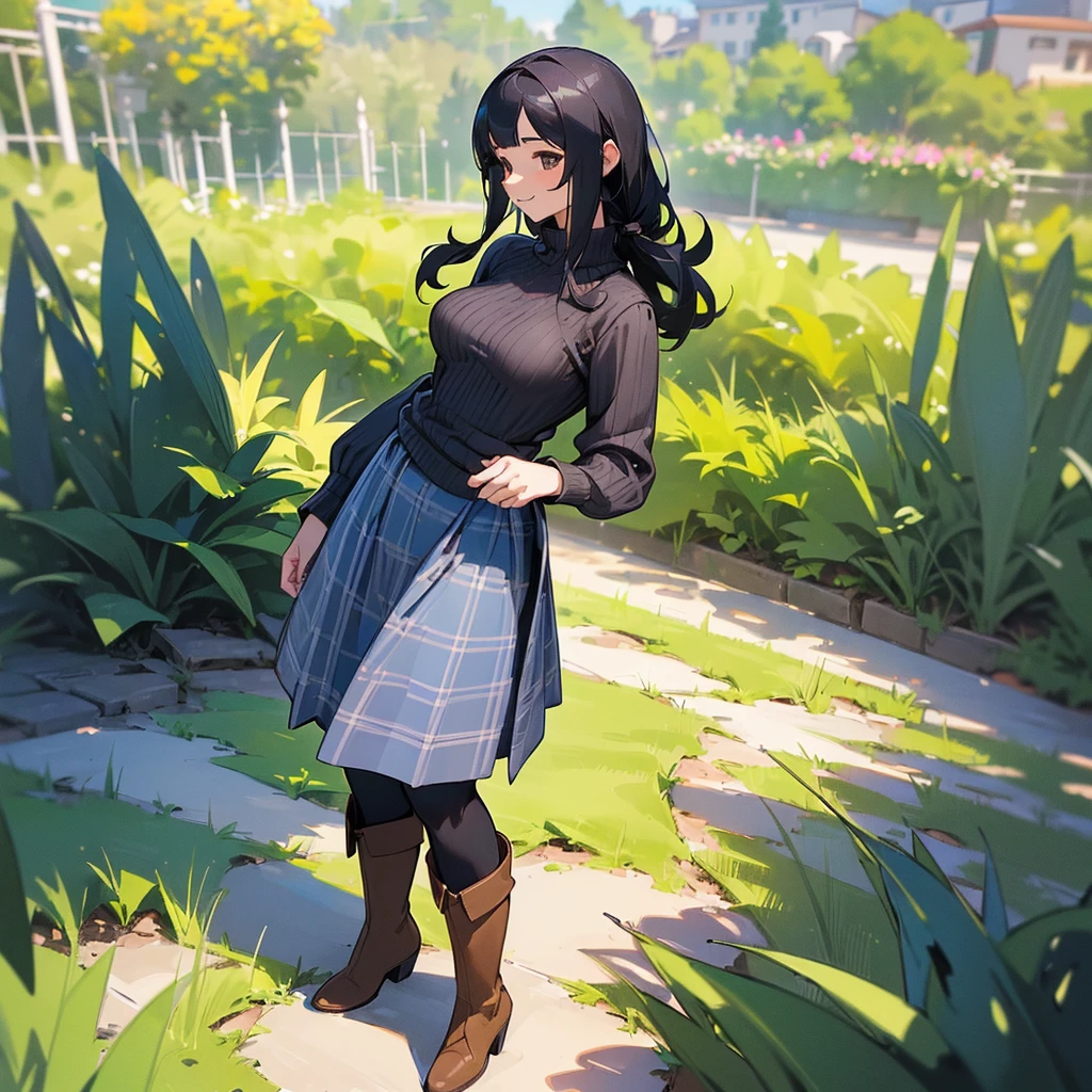 (high quality, High resolution, Super detailed, Realistic:1.37), Peaceful atmosphere, (Outdoor, garden), age girl standing alone, (my breasts are big.), Beautifully detailed features, Cute Smile, (Black bob hair), Ribbed sweater, Blue plaid skirt, black tights, Brown boots.