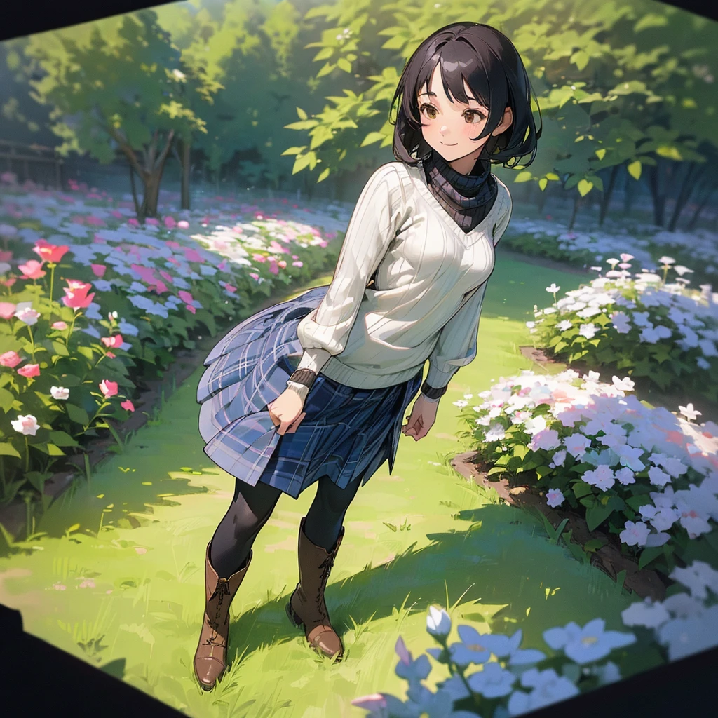 (high quality, High resolution, Super detailed, Realistic:1.37), Peaceful atmosphere, (Outdoor, garden),  girl standing alone, (my breasts are big.), Beautifully detailed features, Cute Smile, (Black bob hair), Ribbed sweater, Blue plaid skirt, black tights, Brown boots.