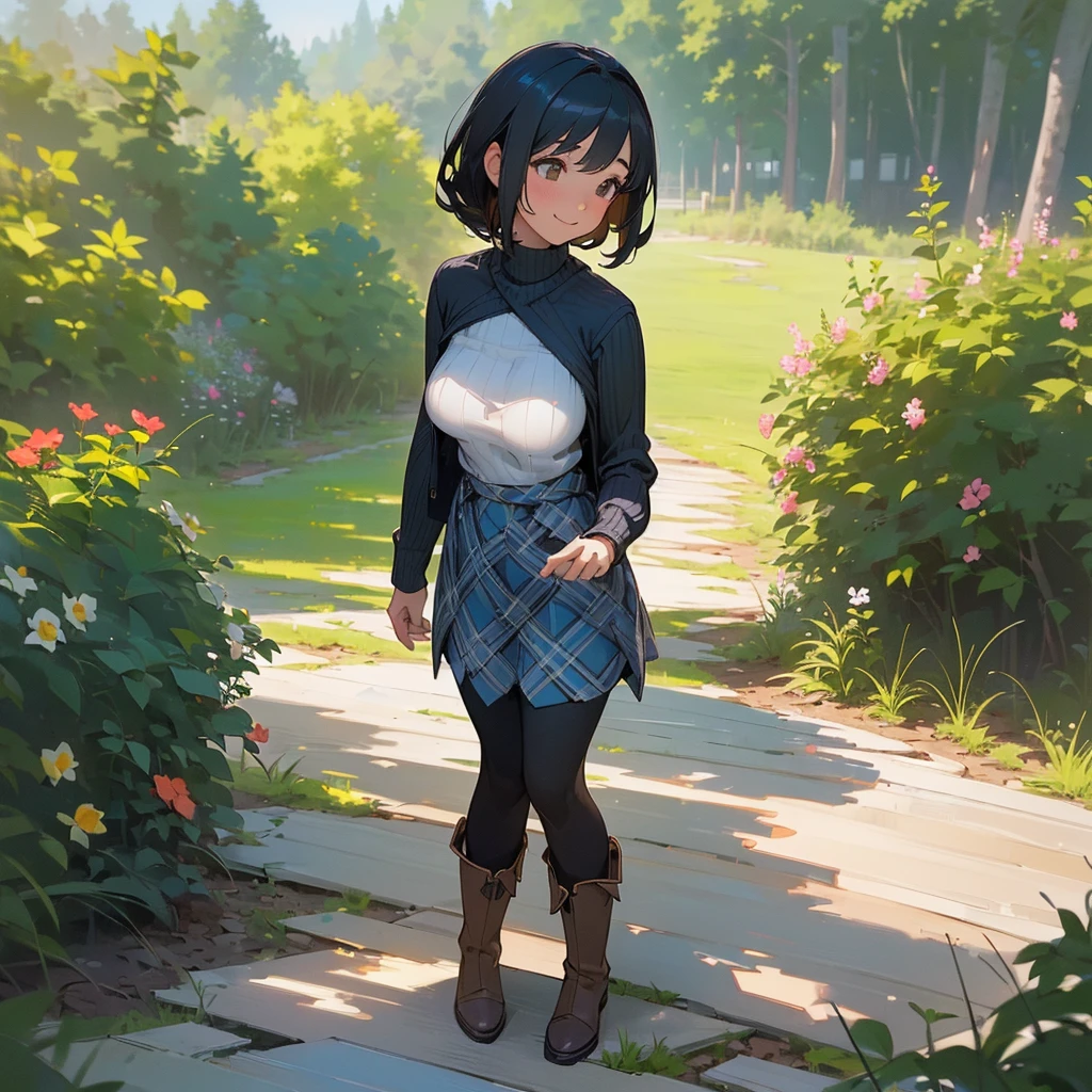 (high quality, High resolution, Super detailed, Realistic:1.37), Peaceful atmosphere, (Outdoor, garden), age girl standing alone, (my breasts are big.), Beautifully detailed features, Cute Smile, (Black bob hair), Ribbed sweater, Blue plaid skirt, black tights, Brown boots.