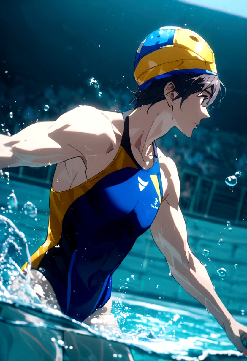 full-body haruka_nanase wearing waterpolo swimsuit and waterpolo headwear, playing waterpolo