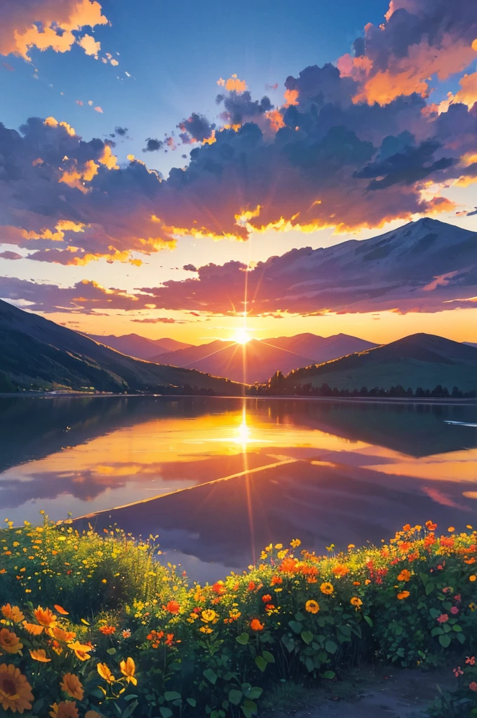 A breathtaking sunrise over a mountain range, with vibrant colors illuminating the sky. The sun is rising over the peaks, casting golden rays across the landscape. The foreground is filled with lush green vegetation and vibrant flowers, with a clear view of the distant mountains covered in trees. The sky is a gradient of warm colors, transitioning from deep orange to bright yellow and soft purple. The entire scene is serene and majestic, capturing the beauty of nature at dawn.