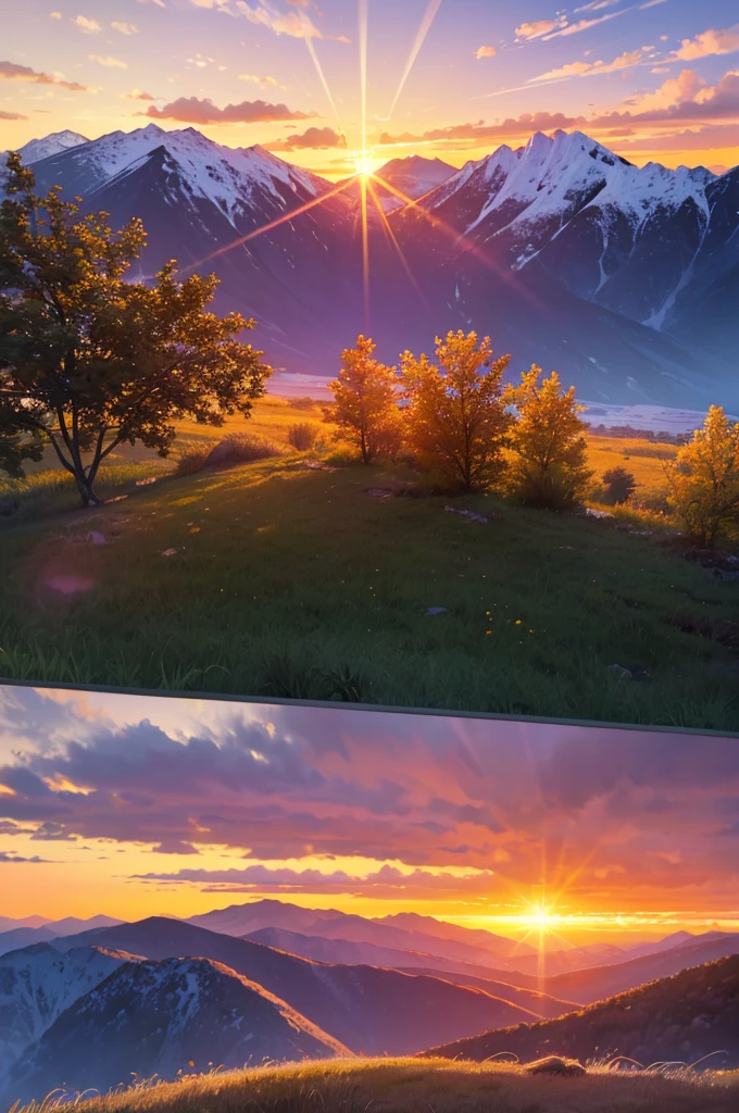 A breathtaking sunrise over a mountain range, with vibrant colors illuminating the sky. The sun is rising over the peaks, casting golden rays across the landscape. The foreground is filled with lush green vegetation and vibrant flowers, with a clear view of the distant mountains covered in trees. The sky is a gradient of warm colors, transitioning from deep orange to bright yellow and soft purple. The entire scene is serene and majestic, capturing the beauty of nature at dawn.