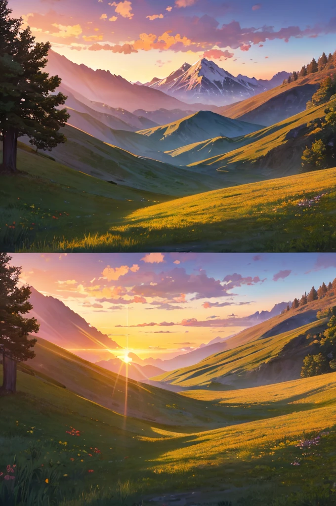 A breathtaking sunrise over a mountain range, with vibrant colors illuminating the sky. The sun is rising over the peaks, casting golden rays across the landscape. The foreground is filled with lush green vegetation and vibrant flowers, with a clear view of the distant mountains covered in trees. The sky is a gradient of warm colors, transitioning from deep orange to bright yellow and soft purple. The entire scene is serene and majestic, capturing the beauty of nature at dawn.