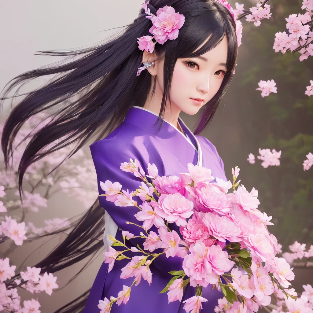 Cute girl in a purple dress with pink flowers in the background, official artwork, onmyoji detailed art, official anime artwork, official art, high detailed official artwork, keqing from genshin impact, by Yang J, artgerm and atey ghailan, zhongli from genshin impact, anime cover, ayaka genshin impact, sakura petals around her, realistic, hyperrealistic