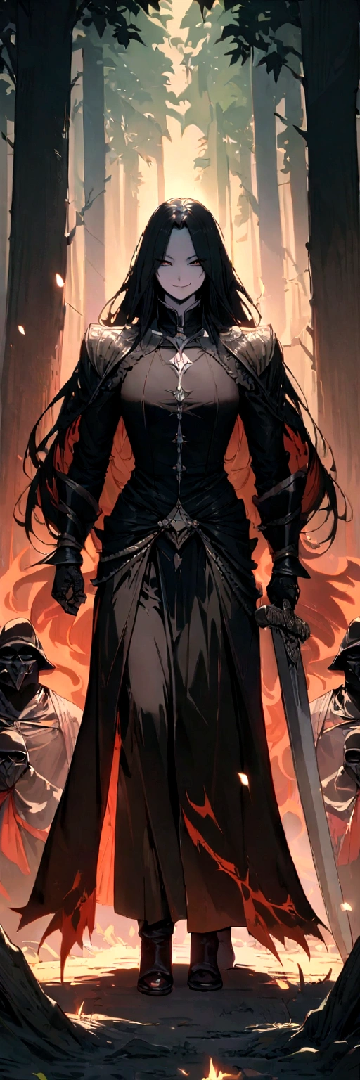 A bandit holding a sword with long hair, smile expression (Villain Aura), his army behind him, set in a forest. Approaching perfection, Long take shot, Ultra detailed, smooth, 4K resolution. 