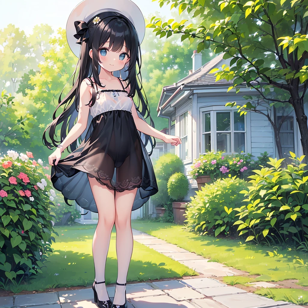 (high quality, High resolution, Very detailed, reality:1.37), Peaceful atmosphere, (Outdoor, garden), 5 year old girl standing alone, (my breasts are small.), Beautiful details, Cute Smile, (Black long hair), ((White sheer camisole dress)), White socks, White high heels、White Hat.NSFW、((Sheer milk))、((Crotch showing through))