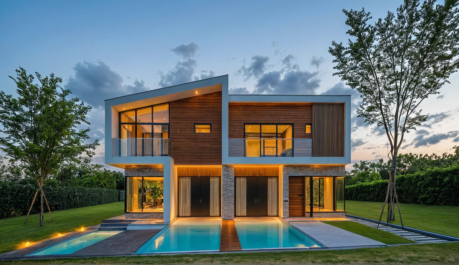Masterpiece, high quality, best quality, authentic, super detail, outdoors, onestoreyvillaXL, aiaigroup, house style modern with pool , white wall ,pool,wood decking, pavement, grass, trees, dusk sky, cloud, (daylight:1.1)