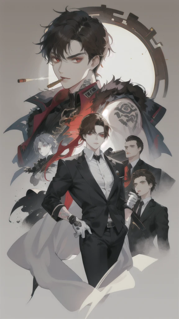 Mafia, male, 45 years old, exuding a dangerous aura, white skin, well-proportioned figure, handsome face, white skin, strong physique, red eyes, brown hair, prominent eyebrows, intricate and detailed retro gun tattoos on both arms, black jacket, pants and gloves, and a stern face. A cigar is biting on his mouth, anime