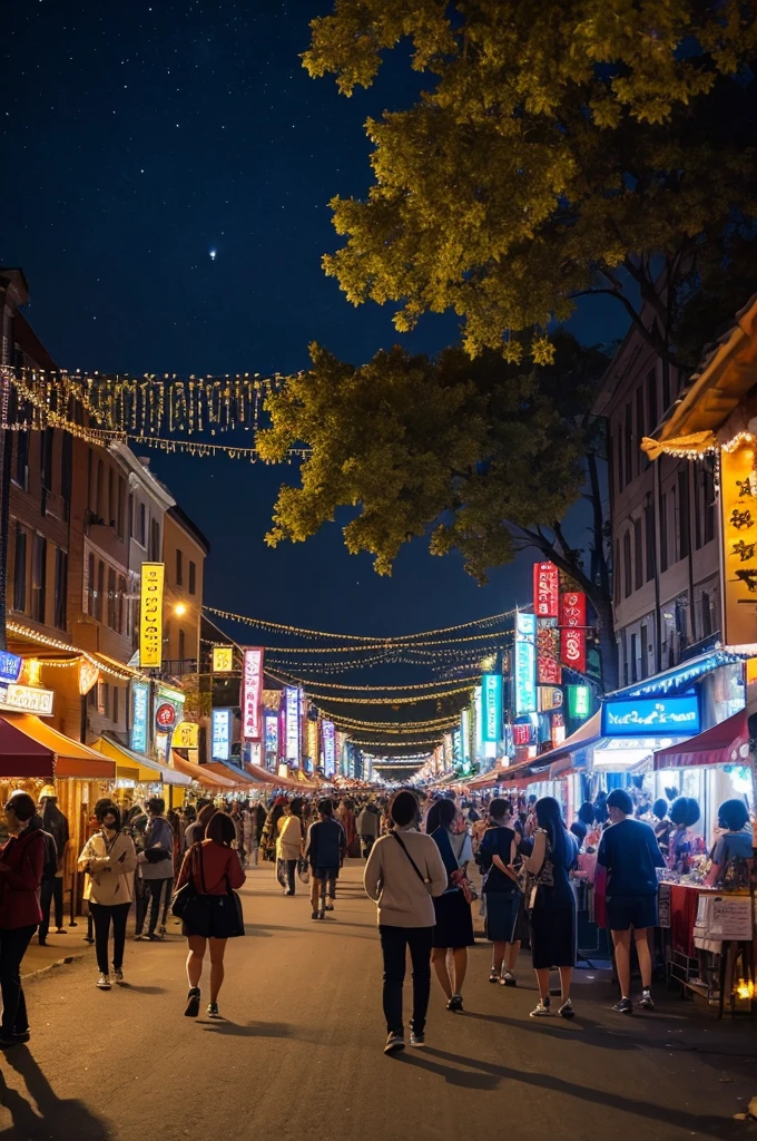 Please draw the beautiful and sparkling atmosphere of a town at night during a festival.