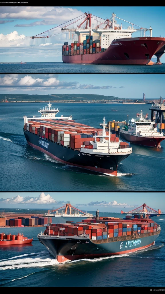 create an image with high visual impact where there is a transatlantic cargo ship anchored in the port. the ship is full of containers, on land in the port several cargo machines and trucks