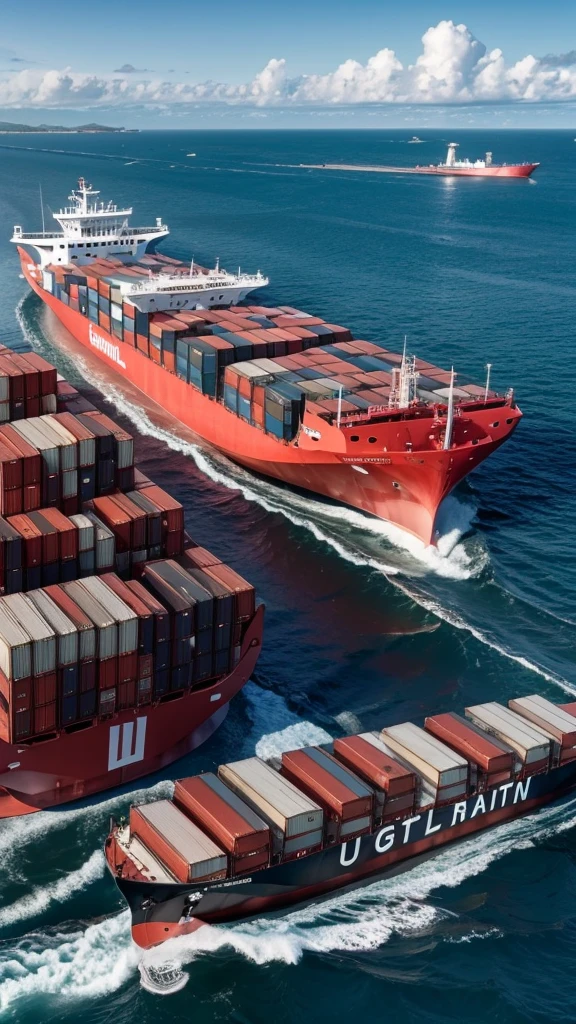 create an image with high visual impact where there is a transatlantic cargo ship anchored in the port. the ship is full of containers, on land in the port several cargo machines and trucks