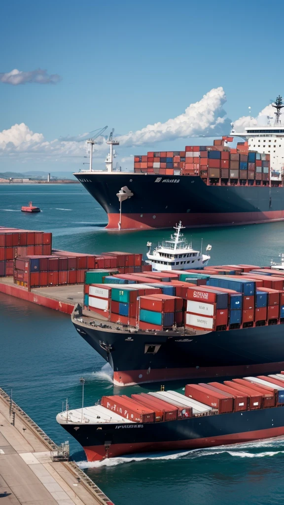 create an image with high visual impact where there is a transatlantic cargo ship anchored in the port. the ship is full of containers, on land in the port several cargo machines and trucks