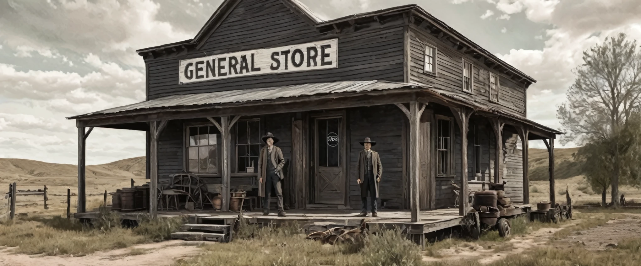 a photo of a man and woman standing next to an old 1930s' general store as illustrated in top cow comics, in the old west, featured on dribbble, kino's journey (2003), mystery and detective themed, valve promotional splash art, the 'american gothic' painting, ( ( large black hat ) ), twisted rays, scythe design, anato finnstark and kelogsloops