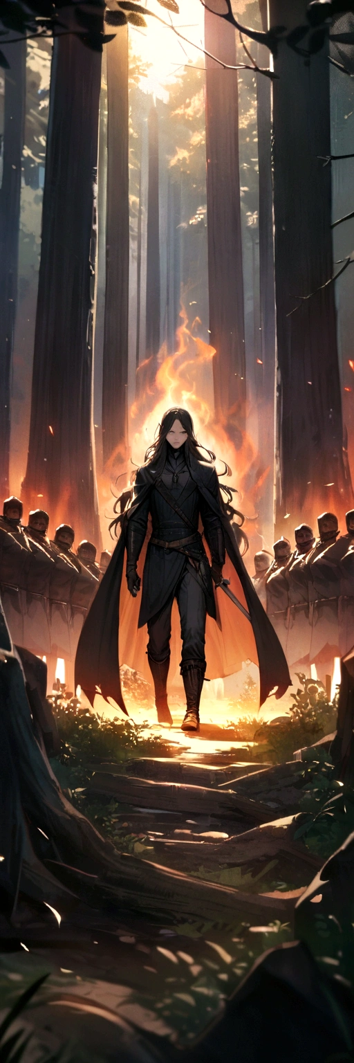 A man bandit holding a sword with long hair, smile expression (Villain Aura), his army behind him, set in a forest. Approaching perfection, Long take shot, Ultra detailed, smooth, 4K resolution.