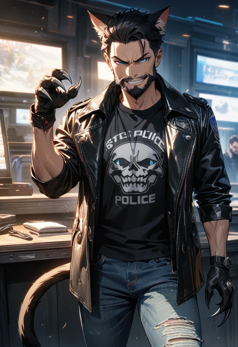 Adult man, short black hair, beard, blue eyes, cat ears, cat tail, smirk, jeans, leather coat, claws, police T-shirt, Masterpiece, best quality, Full HD, 8k, ultra details, great graphic