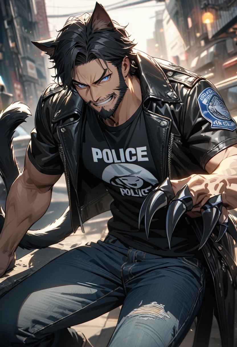 Adult man, short black hair, beard, blue eyes, cat ears, cat tail, smirk, jeans, leather coat, claws, police T-shirt, Masterpiece, best quality, Full HD, 8k, ultra details, great graphic
