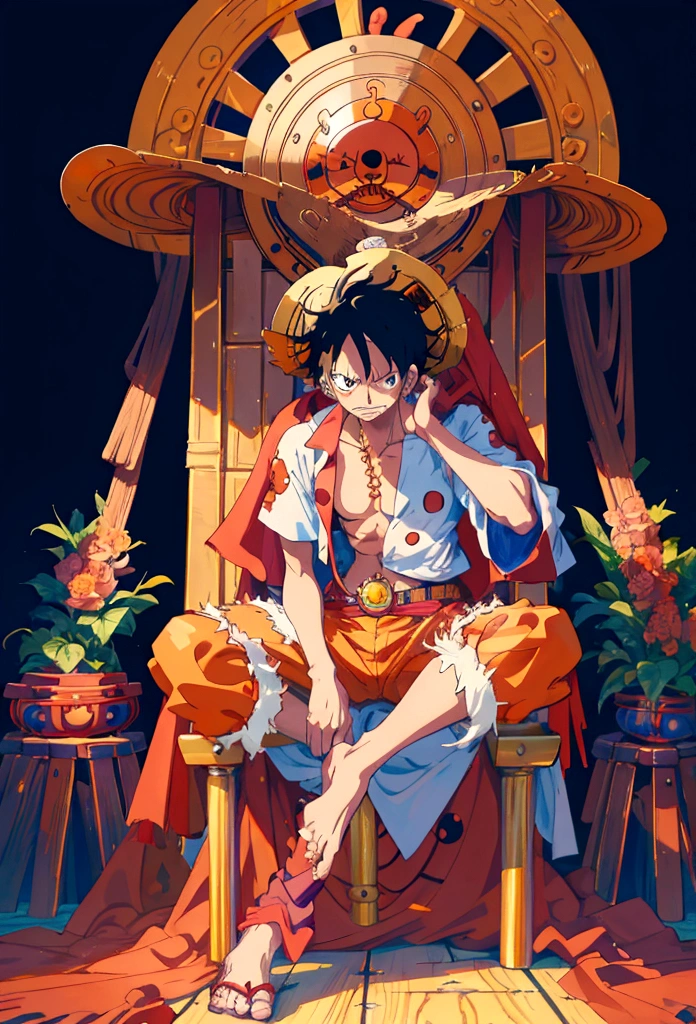 anime one piece sitting on a throne with a hat on, luffy (one piece, monkey d. luffy, luffy, luffy from one piece, monkey d luffy, portrait of luffy from one piece, king of pirates, inspired by Eiichiro Oda, badass anime 8 k, from one piece, anime wallaper, 4k anime wallpaper, one piece style