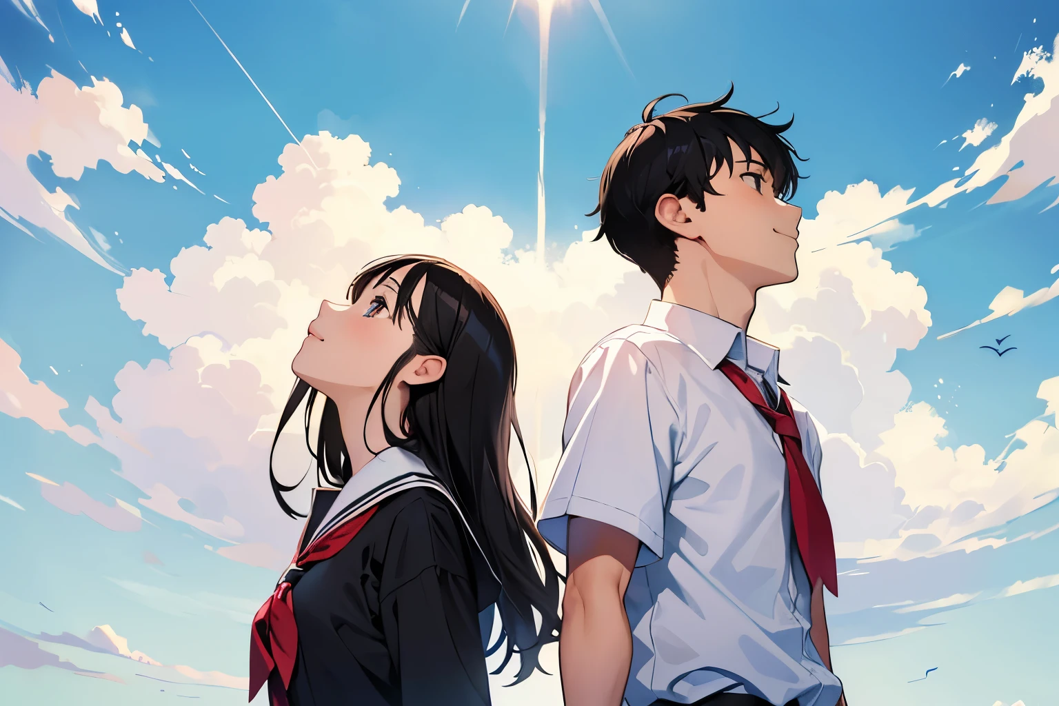 masterpiece, There are two people, Boy and Girl, ((Looking up to the sky)), Summer uniform, , black hair, There is a little distance between the two, ((white background)), Two people stand side by side, smile, school, 