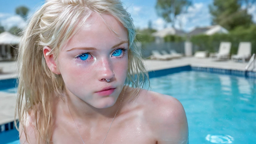 Ultra realistic photo of an 18 year old blonde girl with a swimming pool in the background, extremely realistic blue eyes looking at the camera, detaileds (body hair, sheen), SLR Lighting, ultra quality, sharpening, nblurry background, focus on the body, ultra realistic 4k