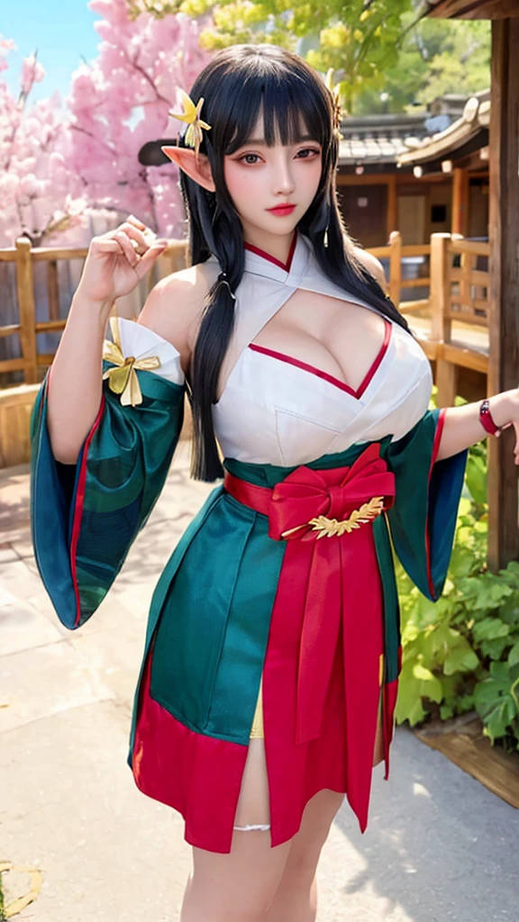 (((big breasts))), cute girls, elf, 1girl, solo, long hair, looking at viewer, skirt, (big breasts and exposed breasts), black hair, hair ornament, gloves, cleavage, brown eyes, detached sleeves, japanese clothes, wide sleeves, blunt bangs, fingerless gloves, standing and 2 hands drop down, lotus, lotus leaf, cherry blossom, japanese temple, (masterpiece,best quality:1.5)