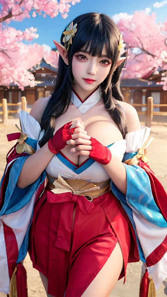(((big breasts))), cute girls, elf, 1girl, solo, long hair, looking at viewer, skirt, (big breasts and exposed breasts), black hair, hair ornament, gloves, cleavage, brown eyes, detached sleeves, japanese clothes, wide sleeves, blunt bangs, fingerless gloves, standing and 2 hands drop down, lotus, lotus leaf, cherry blossom, japanese temple, (masterpiece,best quality:1.5)