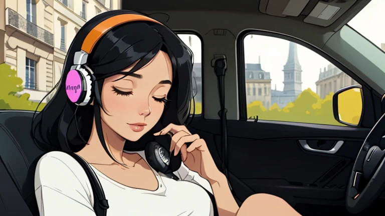 Beautiful woman in her 30s with black hair is sitting with headphones in a car. Looking down, eyes closed, LOFI girl, relaxing mood, cozy, only five fingers, Paris city, colorful, Well-proportioned face, female Beautiful fingers, summer,