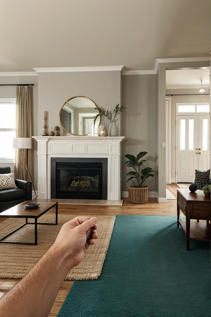 Hand holding a living room with beautiful interior