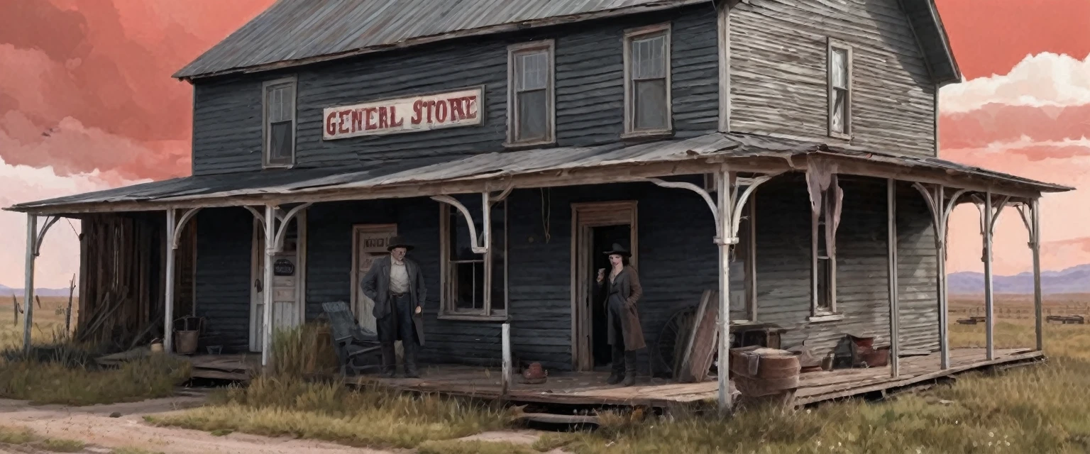 a photo of a man and woman standing next to an old 1930s' general store as illustrated in top cow comics, stormy red sky, in the old west, featured on dribbble, kino's journey (2003), mystery and detective themed, valve promotional splash art, the 'american gothic' painting, ( ( large black hat ) ), twisted rays, scythe design, anato finnstark and kelogsloops
