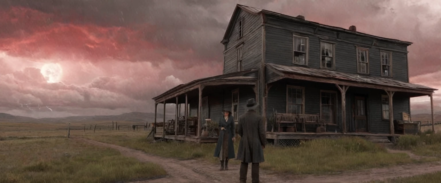 a photo of a man and woman standing next to an old 1930s' general store as illustrated in top cow comics, stormy red sky, in the old west, featured on dribbble, kino's journey (2003), mystery and detective themed, valve promotional splash art, the 'american gothic' painting, ( ( large black hat ) ), twisted rays, scythe design, anato finnstark and kelogsloops