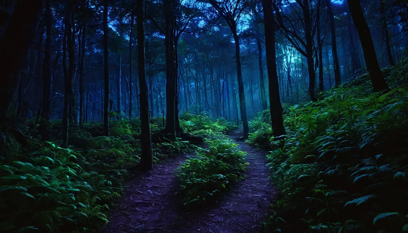 a faintly glowing path in a dense forest, at night