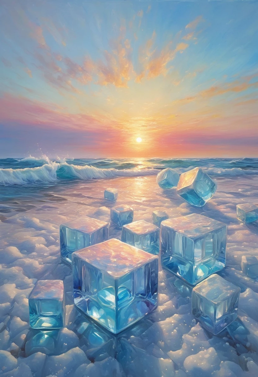 An oil painting：(((sunrise，Ocean，horizon，peaceful)))，(Ice cubes里的红色玫瑰：1.37)，Ice cubes，Frozen Rose，Refracted Light