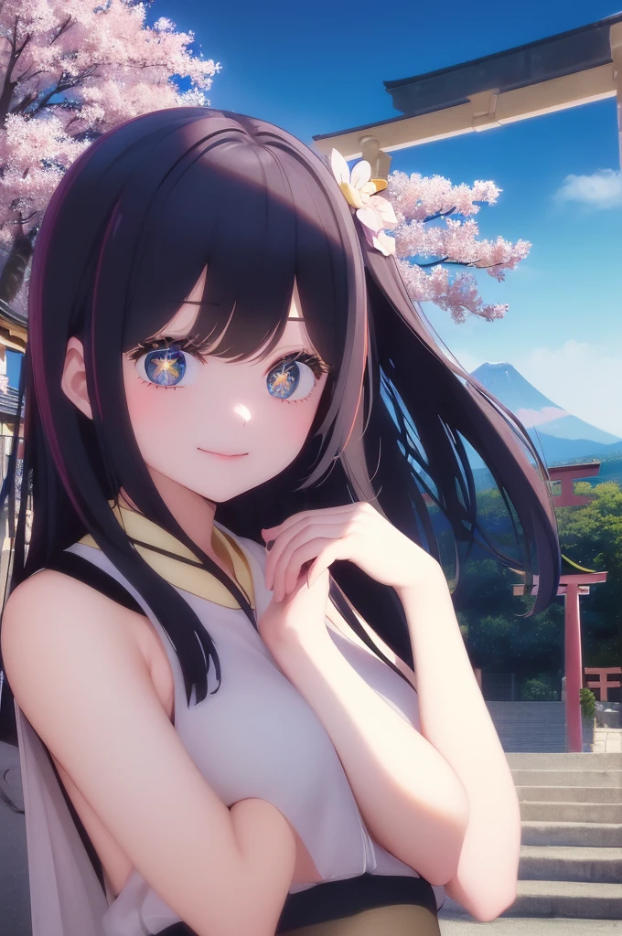 (((masterpiece: 1,5, Highest quality, High resolution, Super Resolution, Super detailed: 1,2, Rich background: 1,4))), (close), (One girl), alone, Green Eyes, blonde long hair tied with blue ribbon, hair ornaments, Blunt bangs, smile, high school girl, Mid-chest, ((手をnull中に上げる)), (((Completely naked))), Sandals, ribbon, heart, ((Outdoor)), Cherry Blossom, (torii), Stone stairs, null (afternoon), Cherry Blossoms fall, ((Dramatic Light: 1,3)), cloudy, (Mt.Fuji scenery)